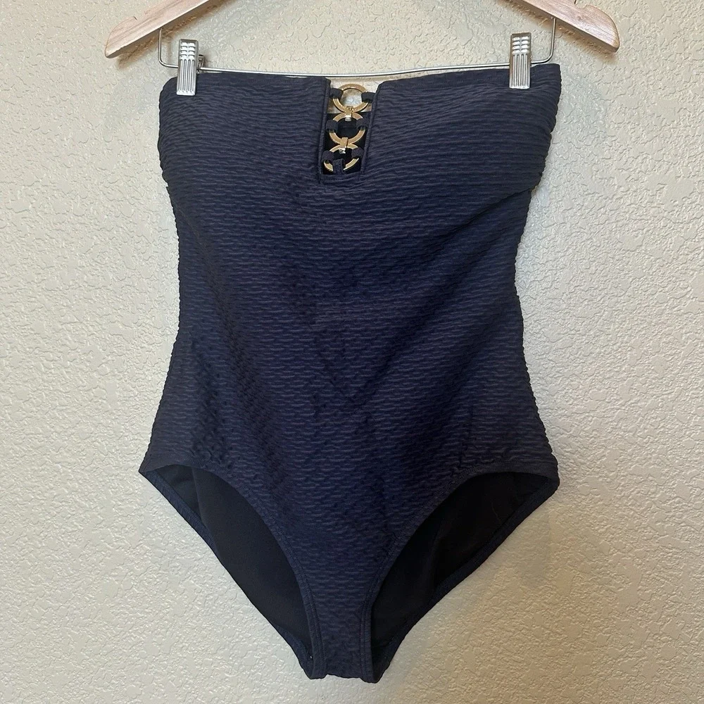 Michael Kors Straplessone Piece Swimsuit Navy Blue Size 8 Gold Circles Textured